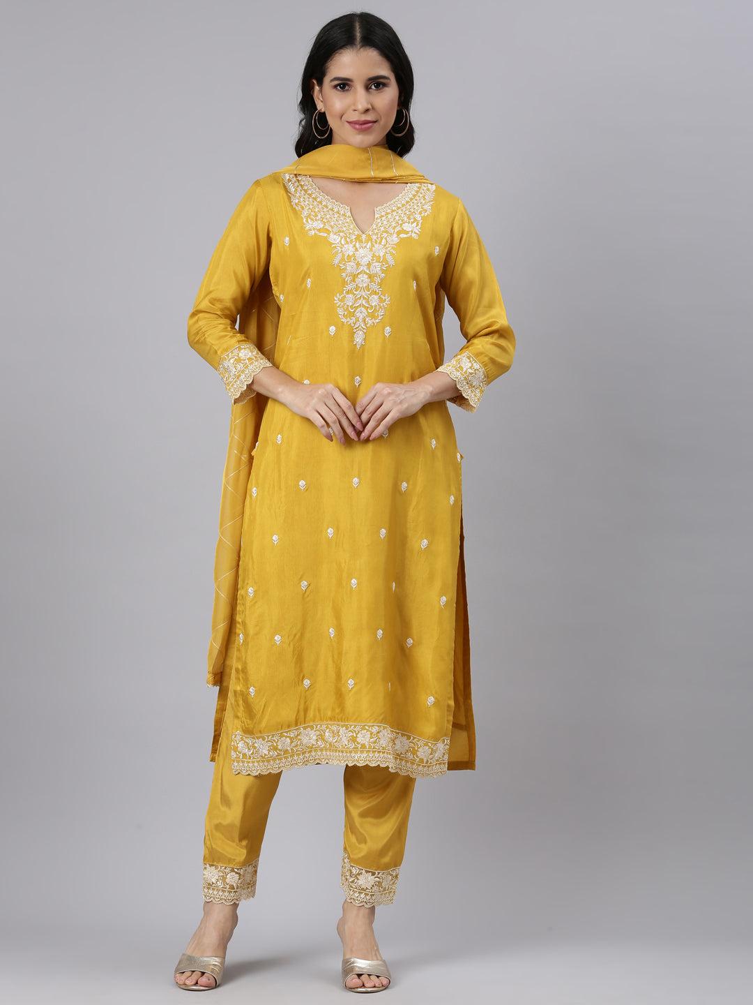 Neerus Mustard Regular Straight Solid Kurta and Trousers With Dupatta