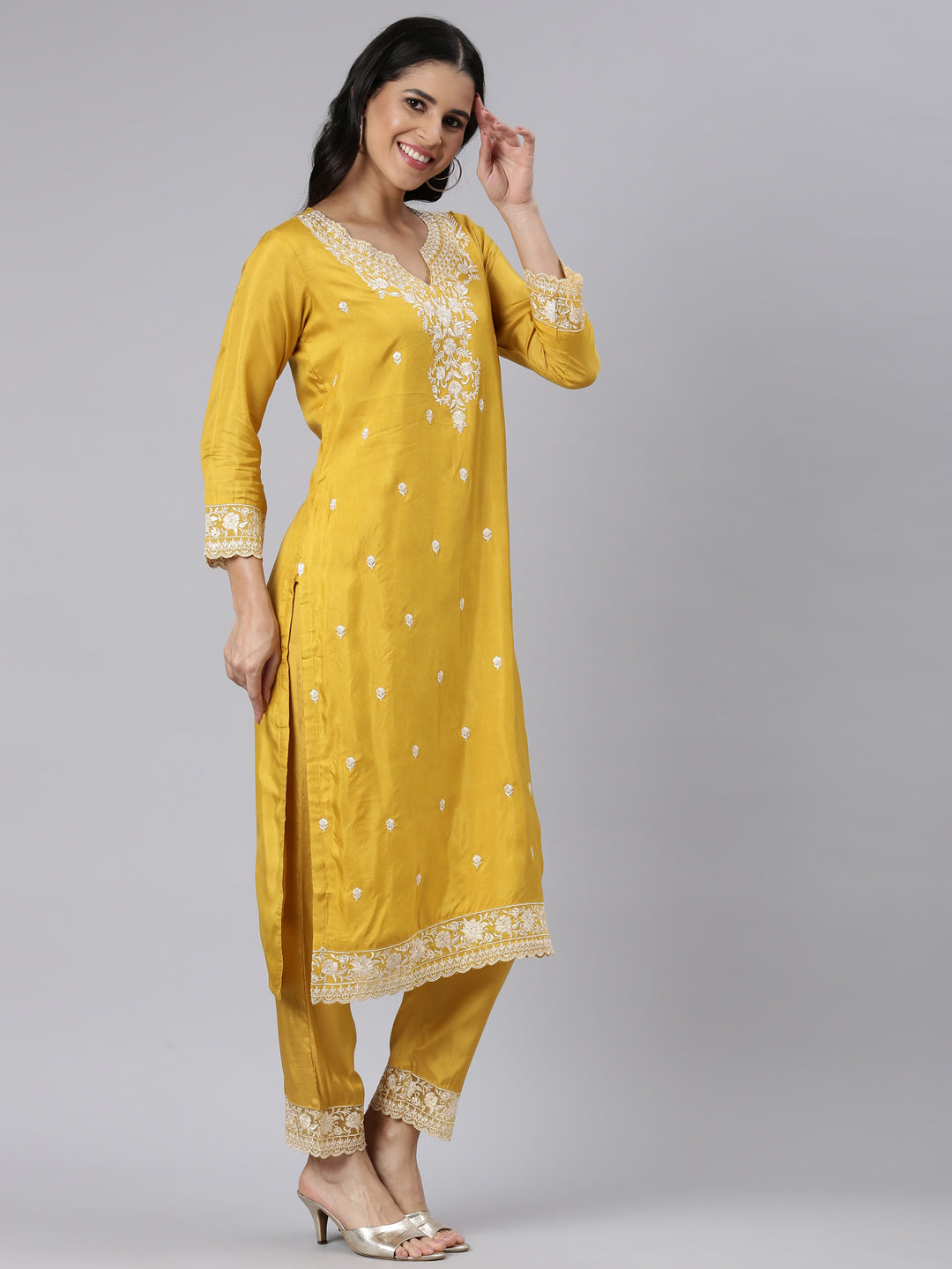 Neerus Mustard Regular Straight Solid Kurta and Trousers With Dupatta