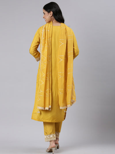 Neerus Mustard Regular Straight Solid Kurta and Trousers With Dupatta