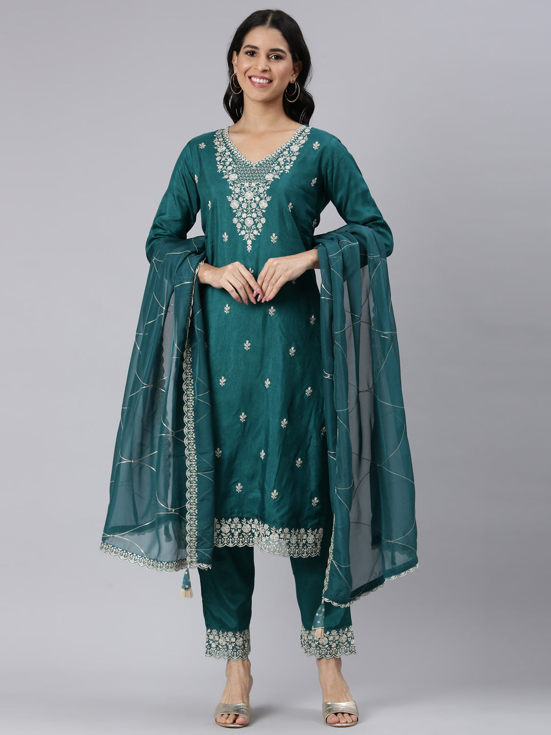 Neerus Green Regular Straight Solid Kurta and Trousers With Dupatta