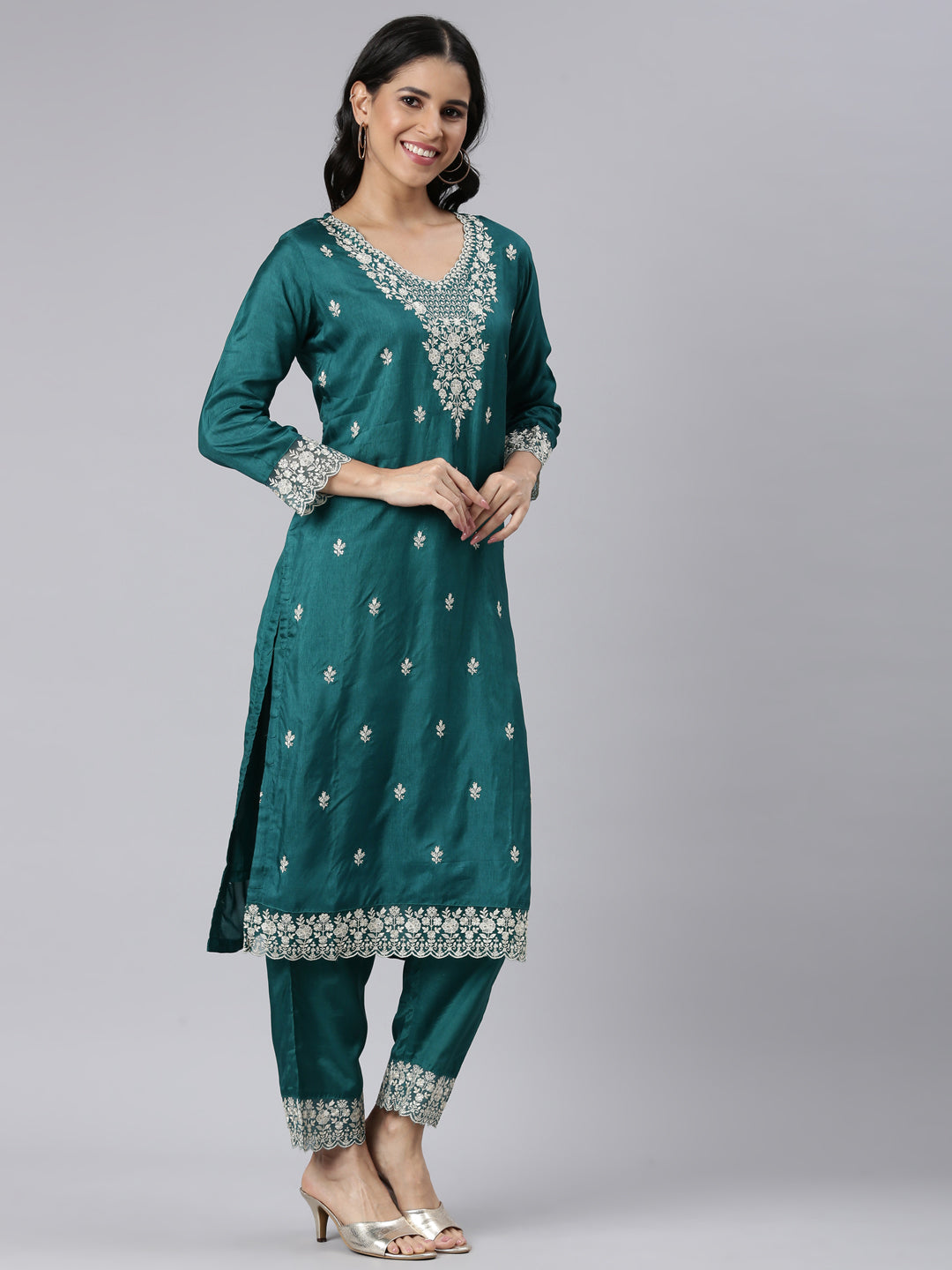 Neerus Green Regular Straight Solid Kurta and Trousers With Dupatta