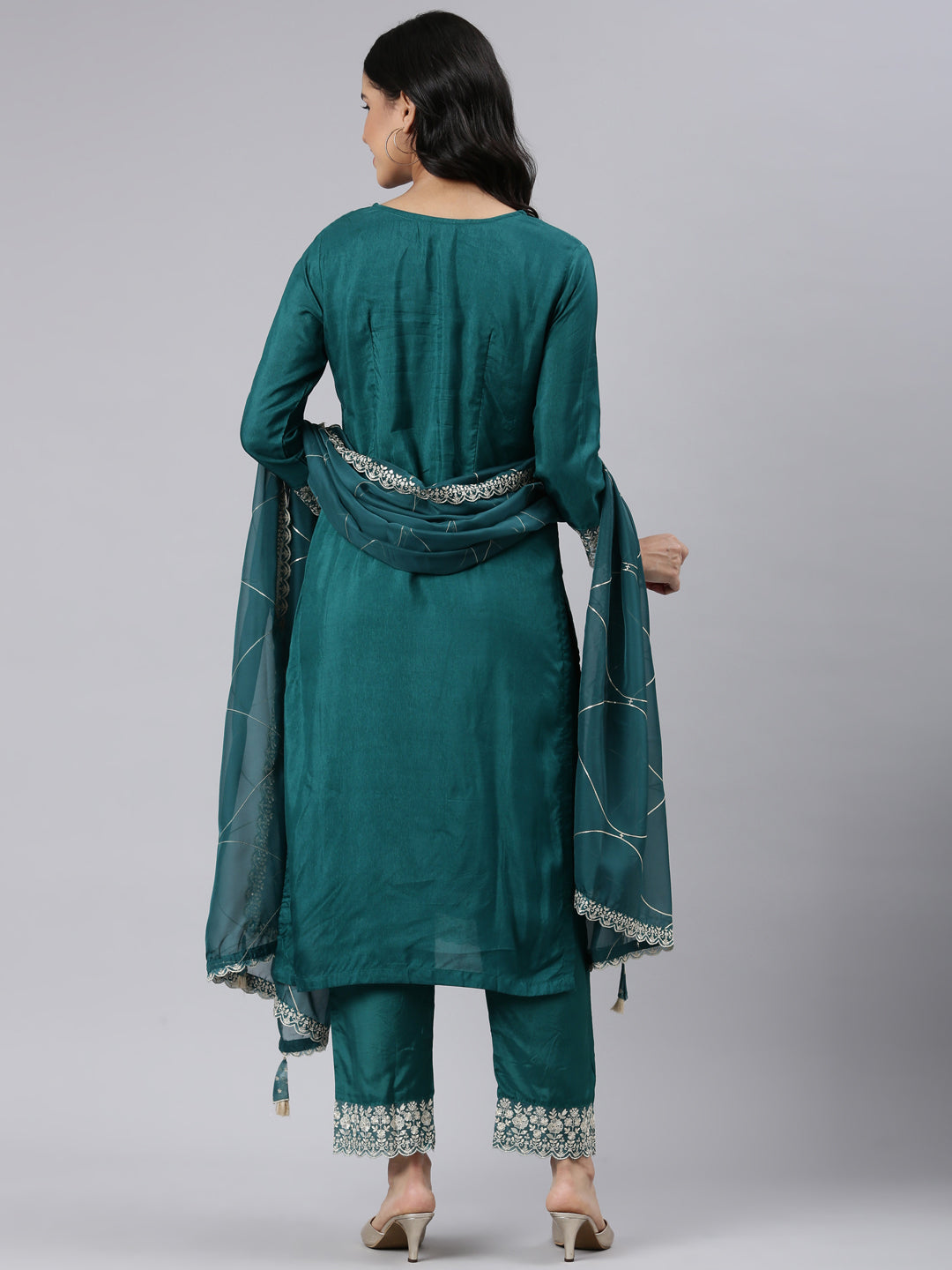 Neerus Green Regular Straight Solid Kurta and Trousers With Dupatta