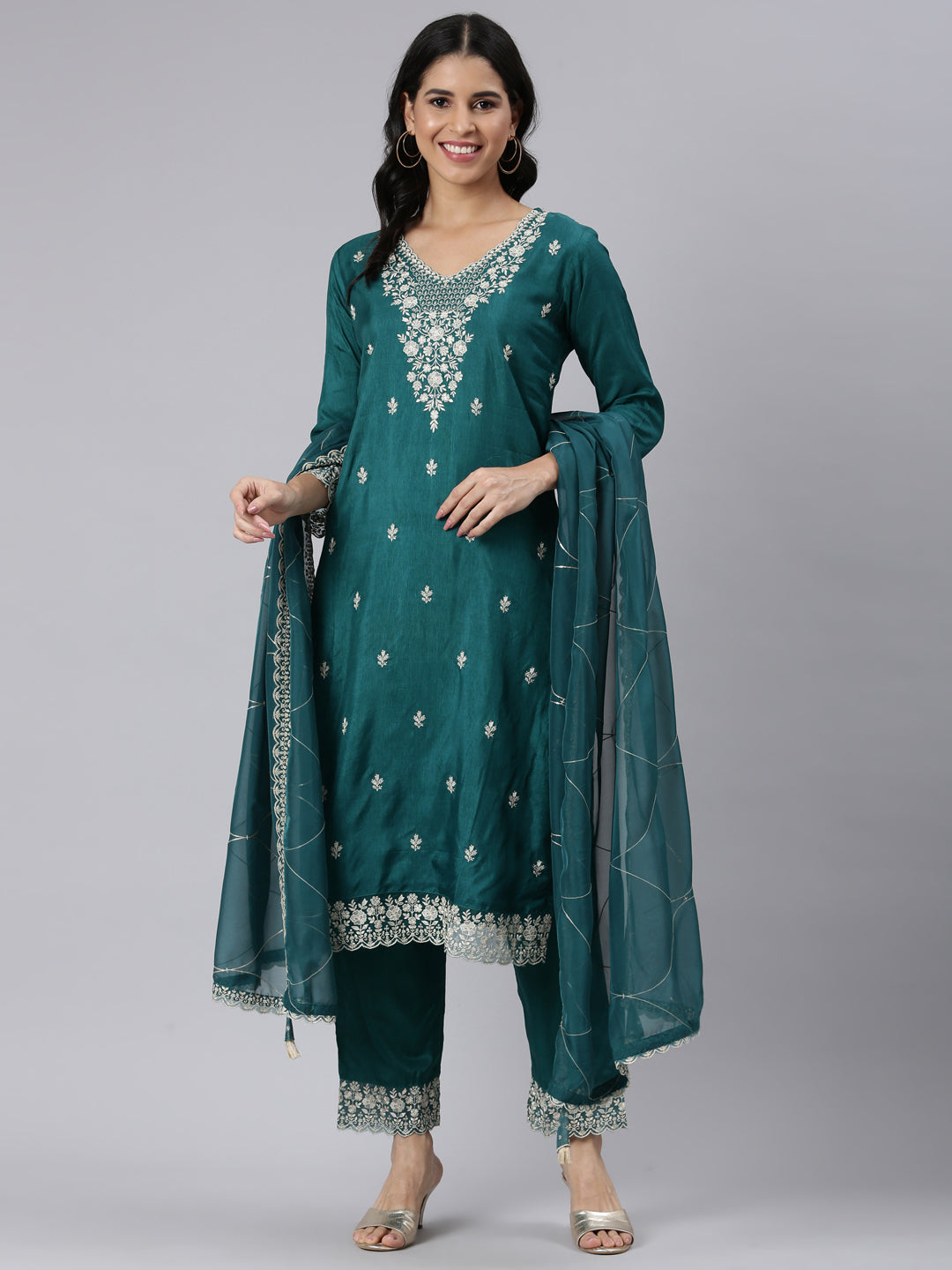 Neerus Green Regular Straight Solid Kurta and Trousers With Dupatta