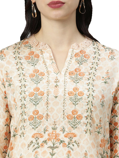 Neerus Women Beige Floral Printed Floral Kurta