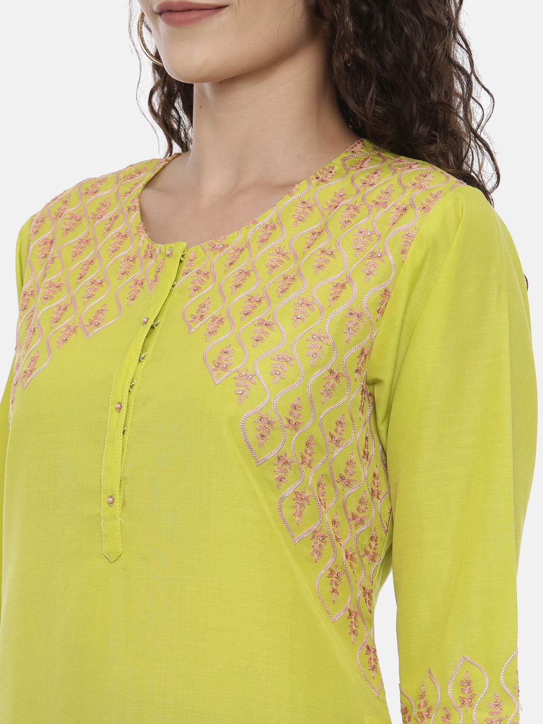 Neerus Women Yellow Yoke Design Thread Work Kurta