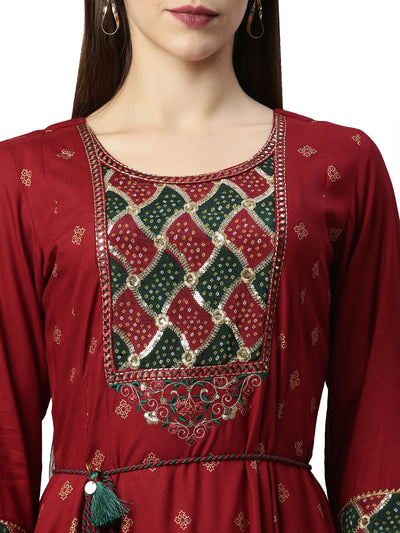 Neerus Women Maroon Ethnic Motifs Embroidered Flared Sleeves Anarkali Kurta