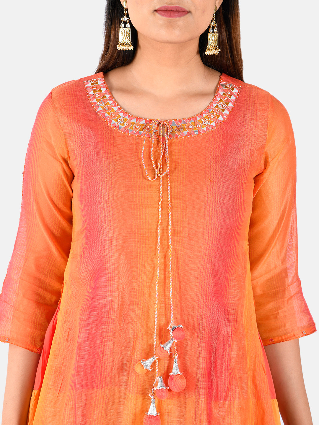 Neerus Women Orange Colour blocked A-Line Layered Kurta