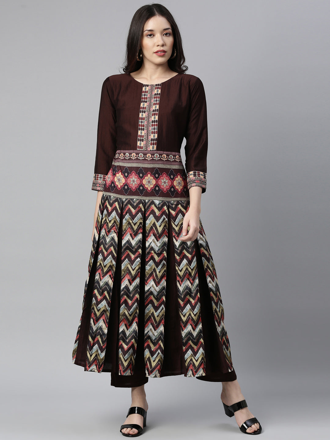 Neerus Women Brown Printed Panelled Kurta with Trousers