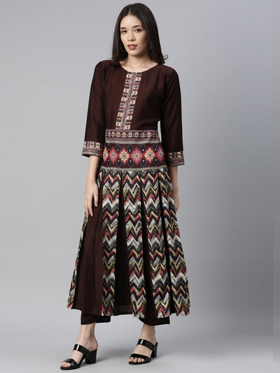 Neerus Women Brown Printed Panelled Kurta with Trousers