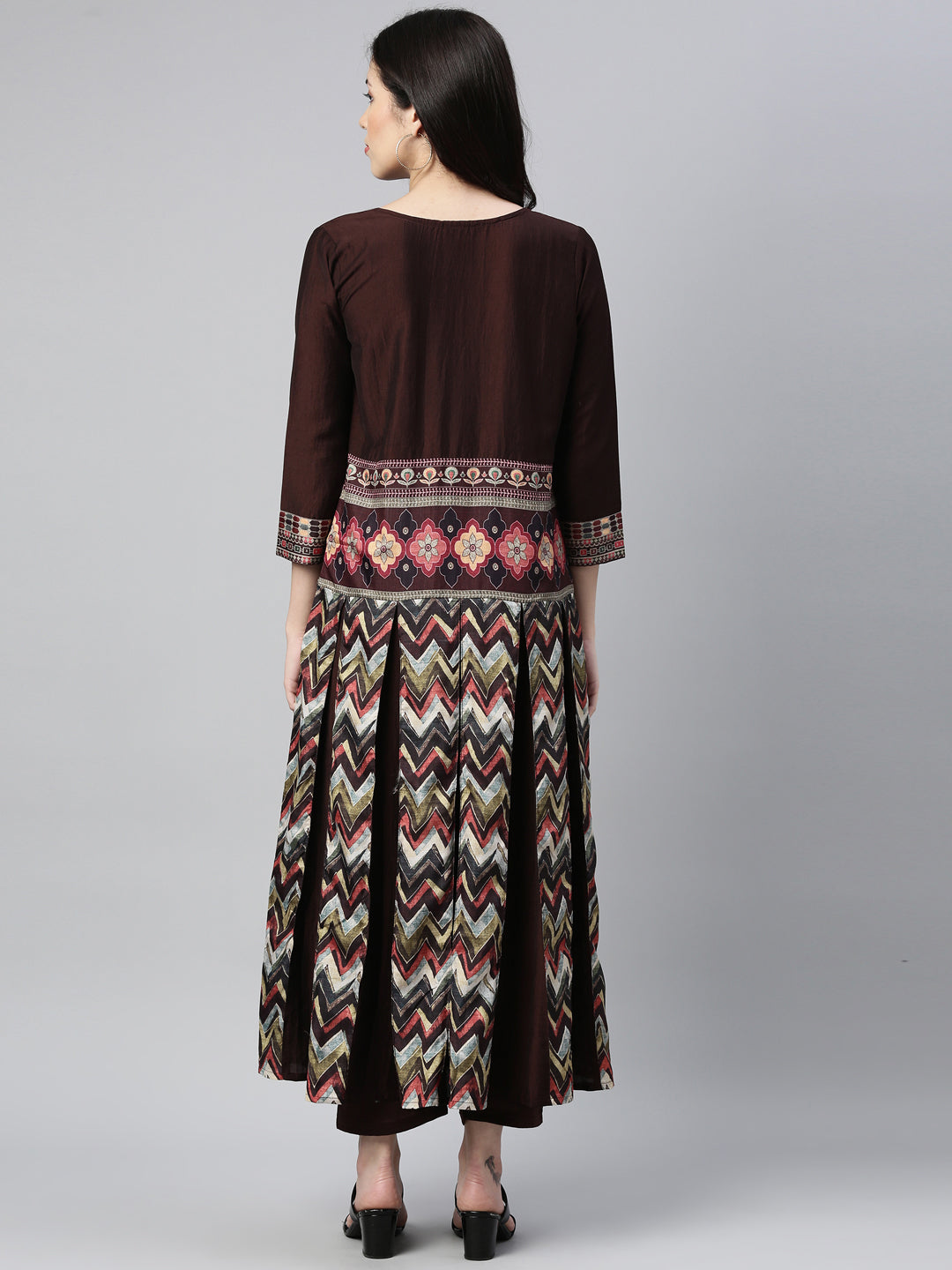 Neerus Women Brown Printed Panelled Kurta with Trousers