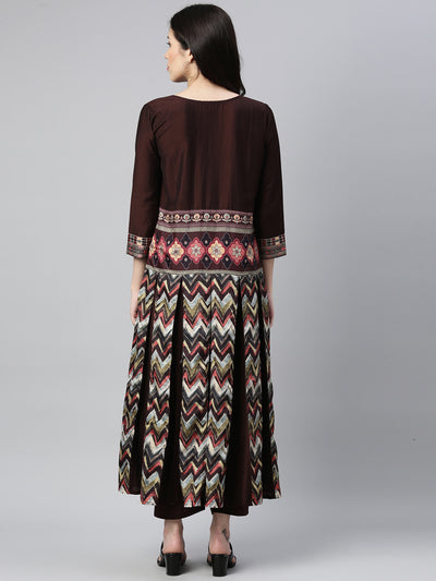 Neerus Women Brown Printed Panelled Kurta with Trousers