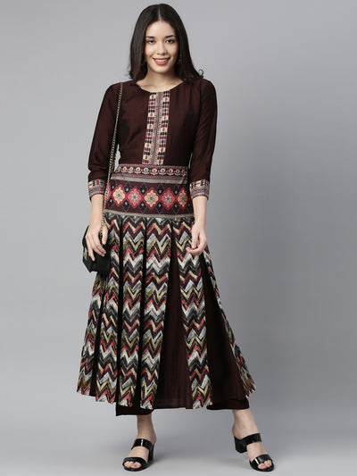 Neerus Women Brown Printed Panelled Kurta with Trousers