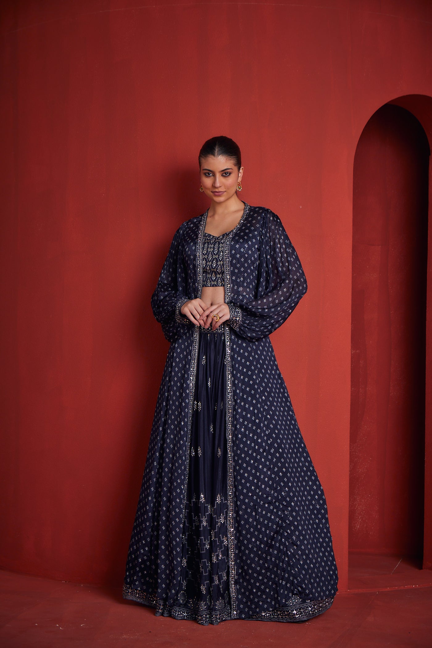 Neeru's Womens Navy Blue Crepe Fabric Fusion Suit Set