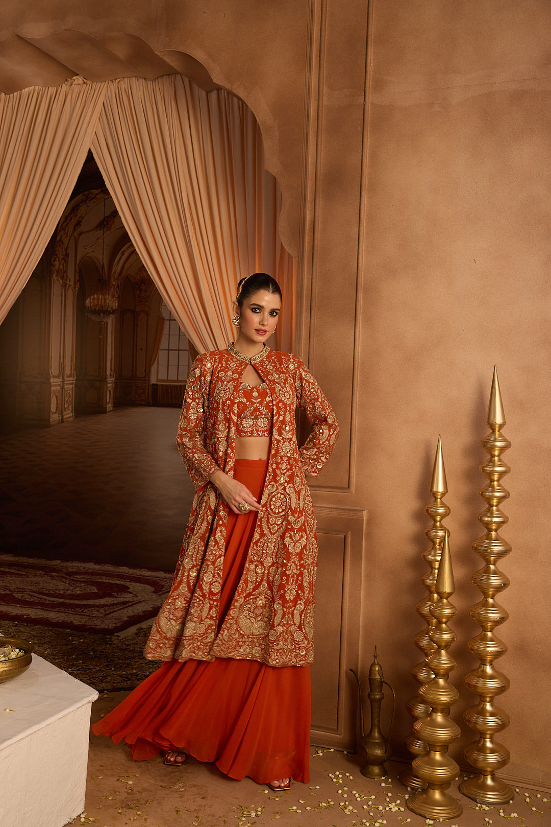 Neerus Rust Embroidery Georgette Fabric Fusion Set.