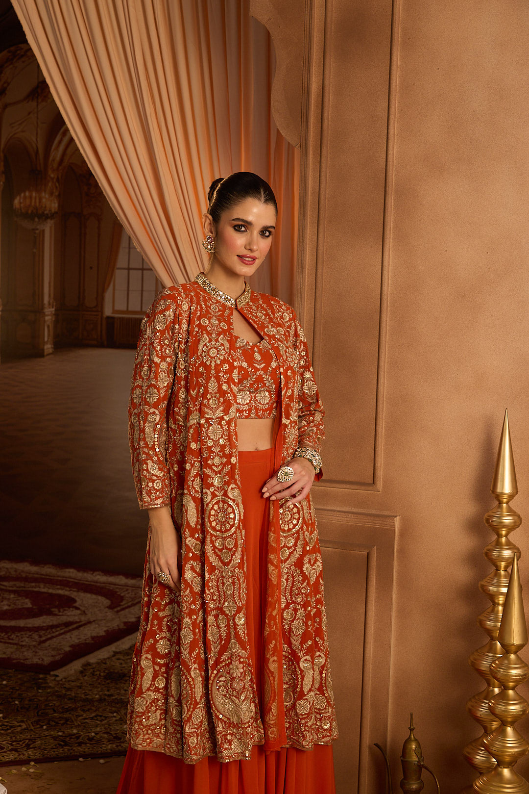 Neerus Rust Embroidery Georgette Fabric Fusion Set.