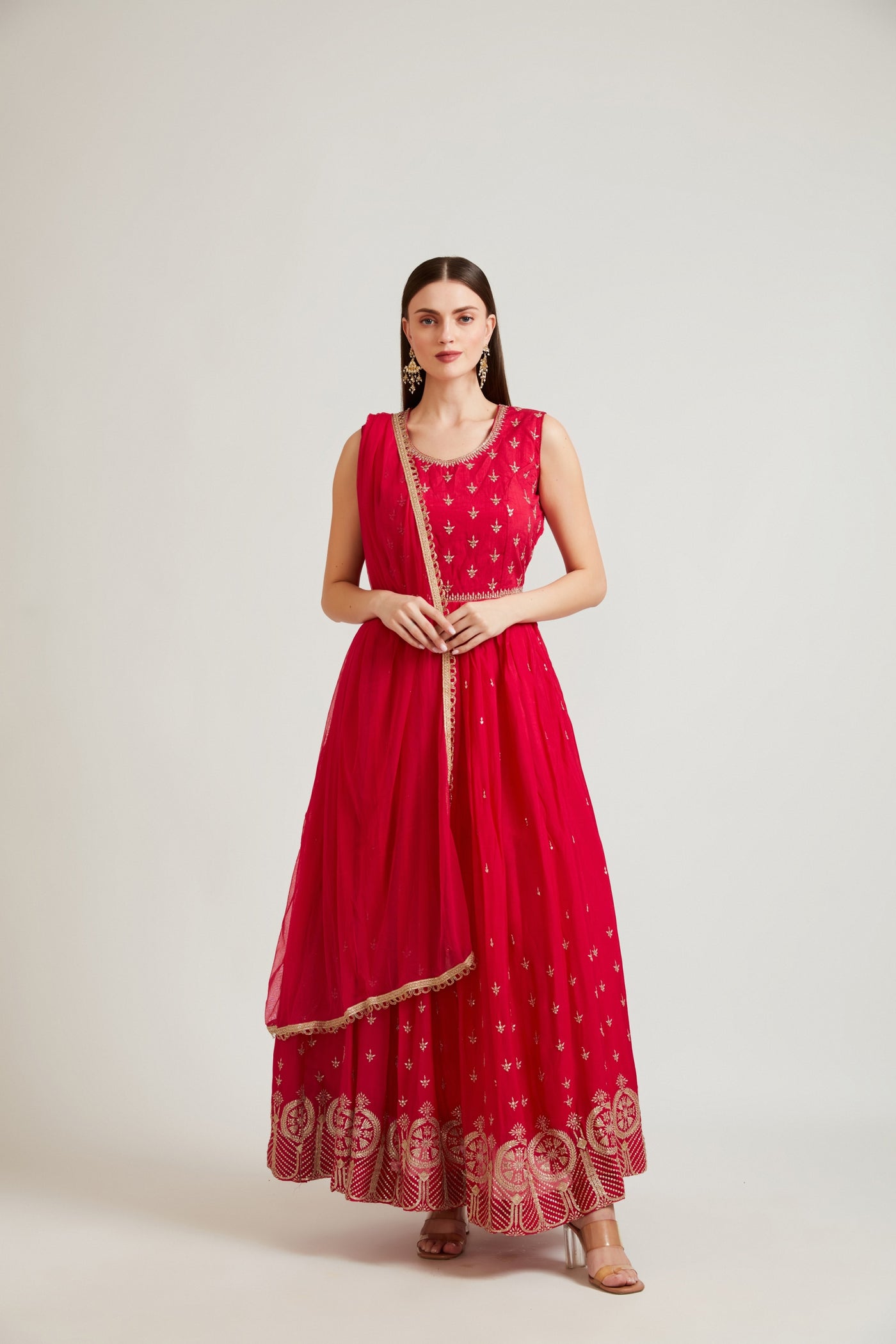 Neeru's Rani Color Chiffon Fabric Anarkali Suit Set