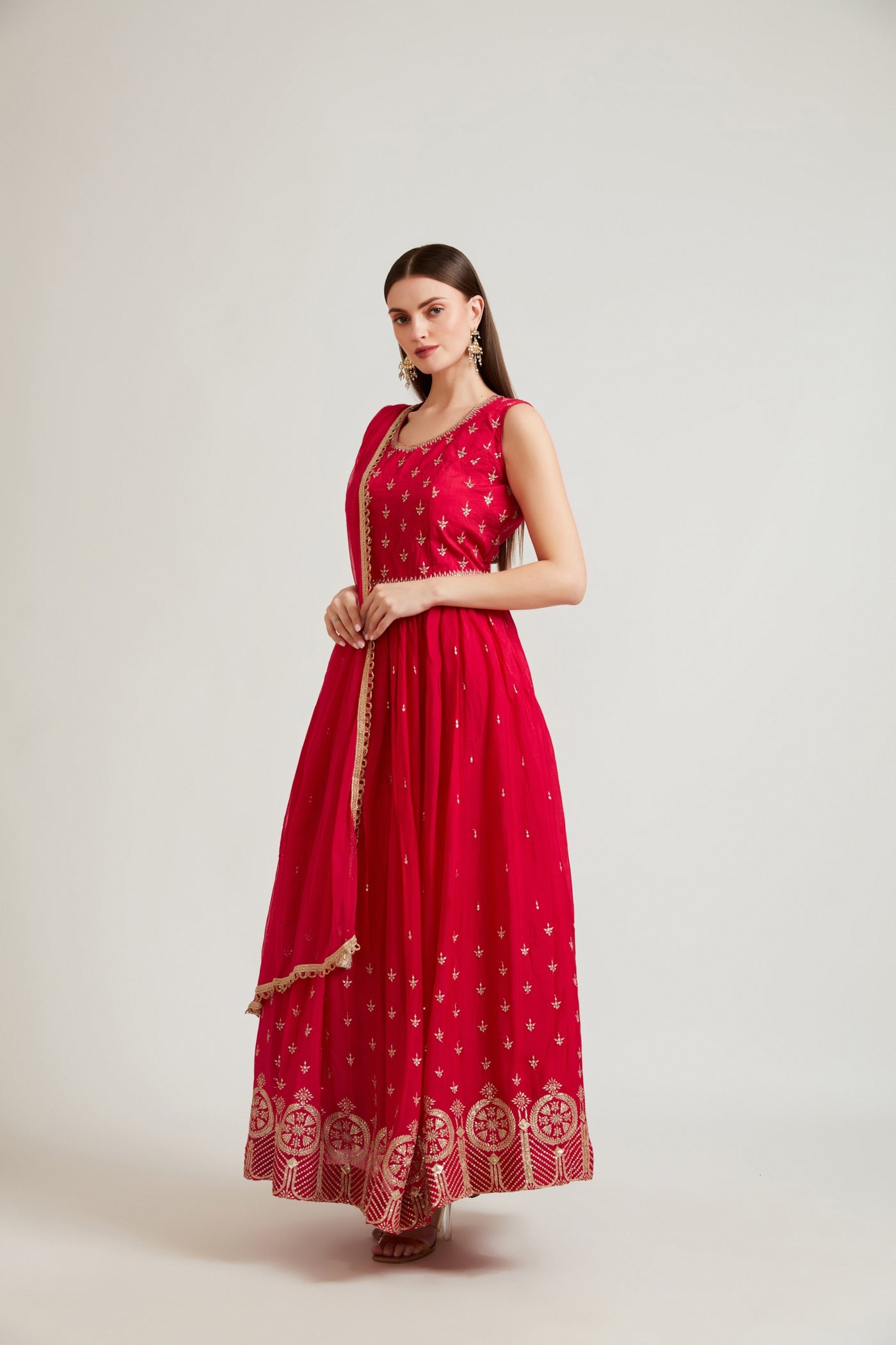 Neeru's Rani Color Chiffon Fabric Anarkali Suit Set