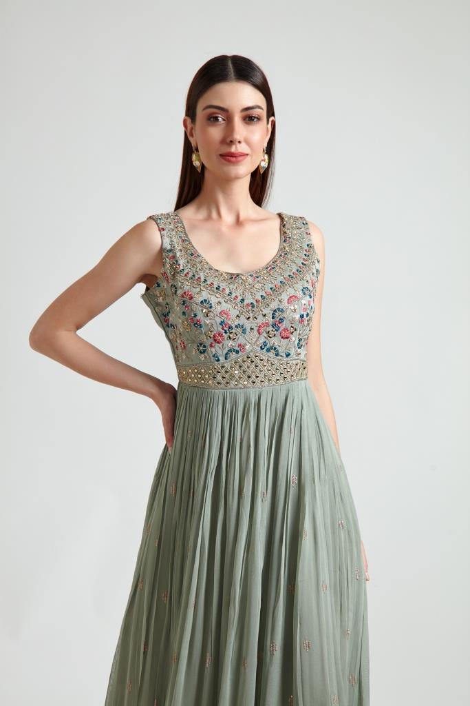 Neeru's Pista Green Color Georgette Fabric Gown