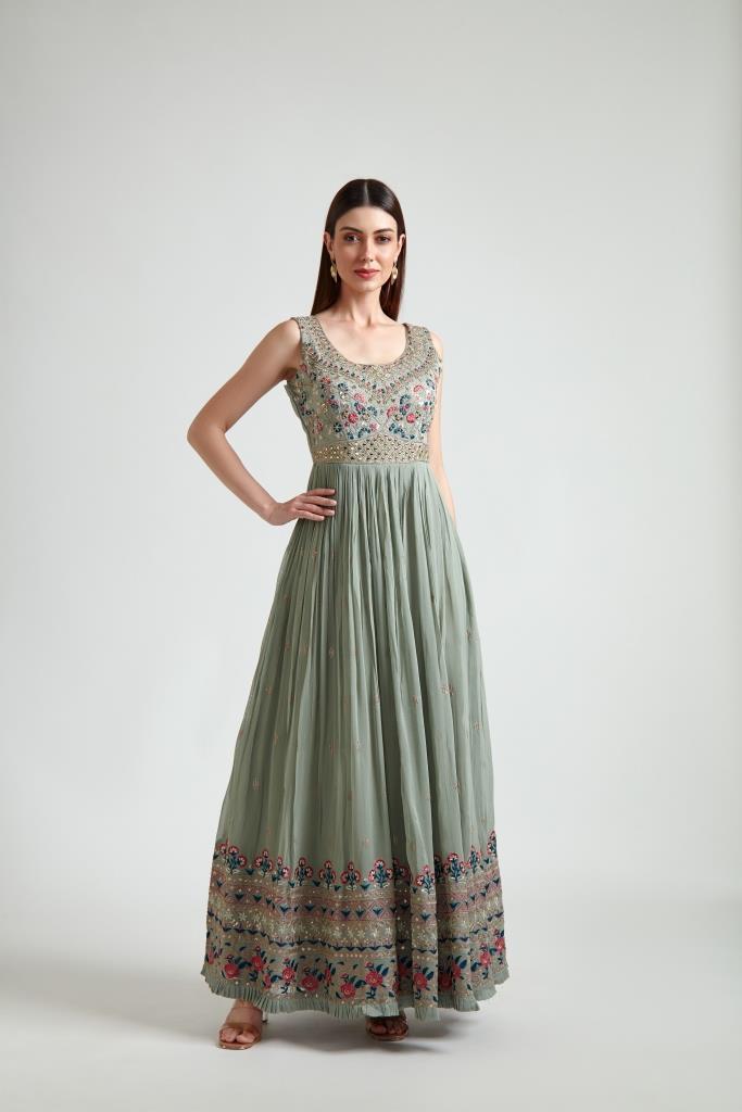 Neeru's Pista Green Color Georgette Fabric Gown