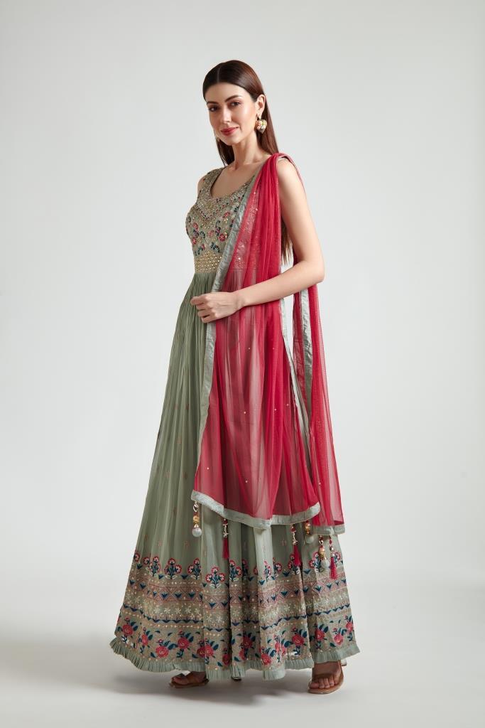 Neeru's Pista Green Color Georgette Fabric Gown