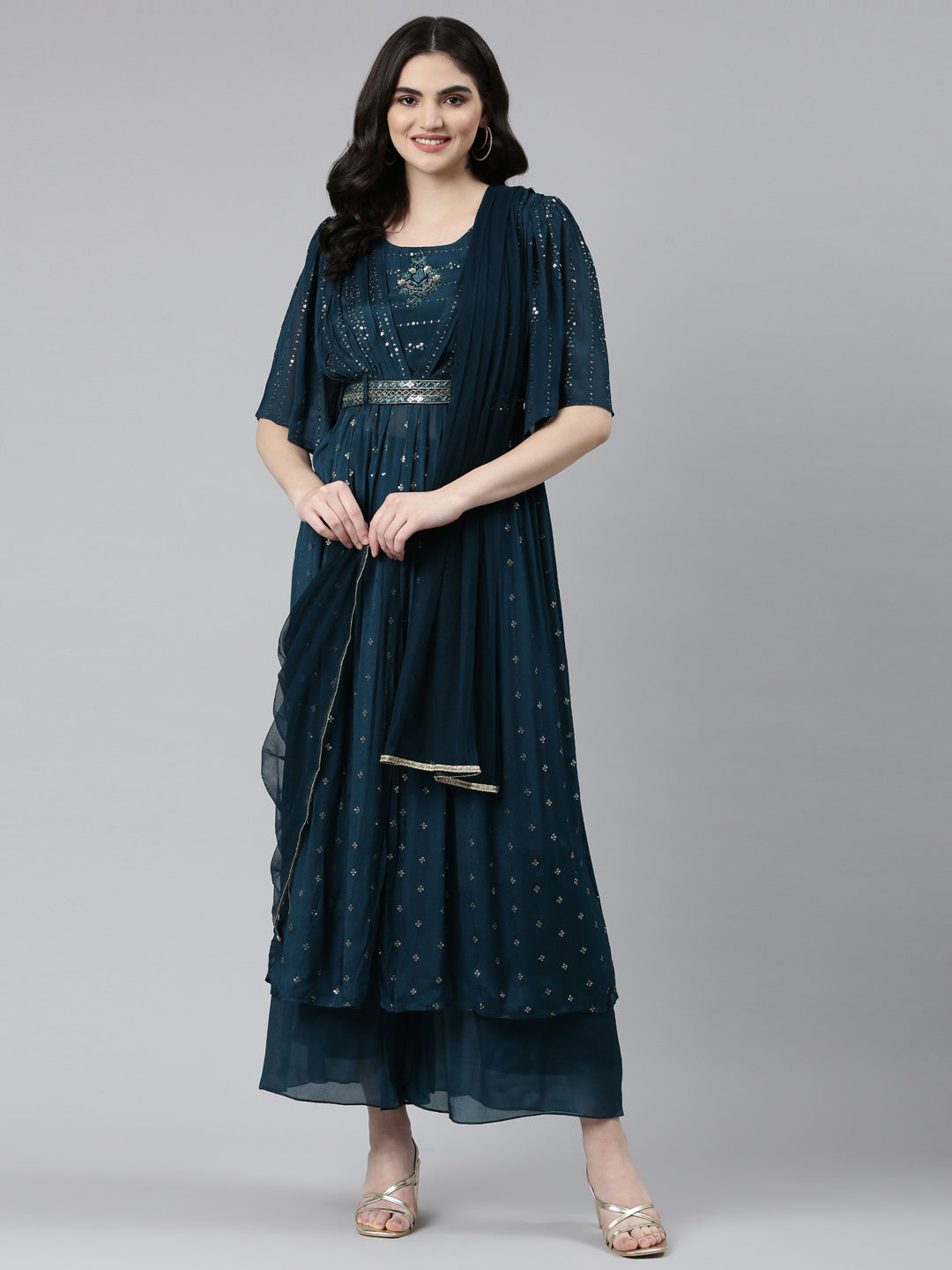 Neeru's Green Pleated Straight Embroidered Kurta And Palazzos With Dupatta