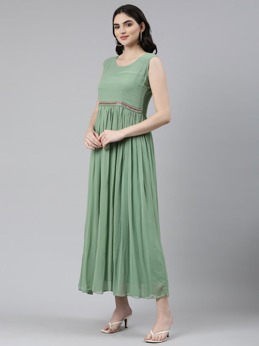 Neeru's Green Pleated Anarkali Embellished Kurta