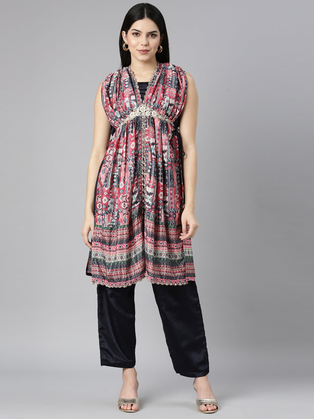 Neerus Multi Regular Straight Chevron Kurta And Trousers