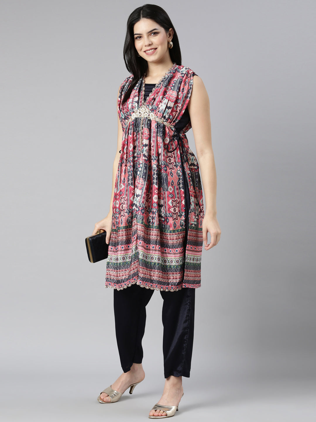 Neerus Multi Regular Straight Chevron Kurta And Trousers