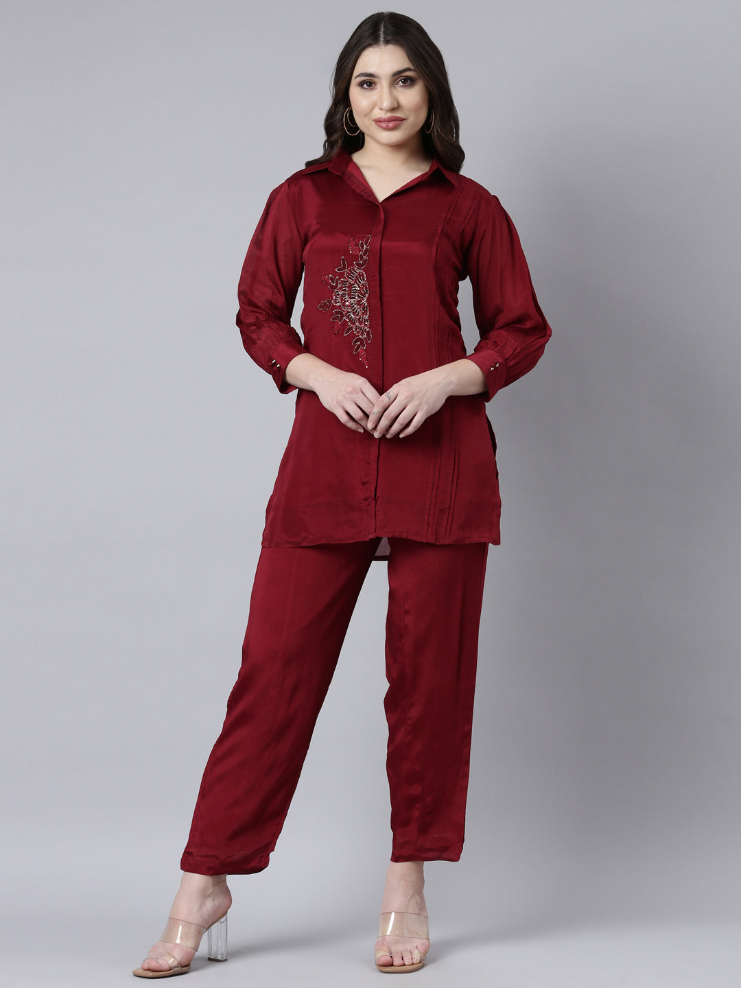 Neerus Maroon Regular Straight Solid Top And Trousers