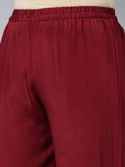 Neerus Maroon Regular Straight Solid Top And Trousers