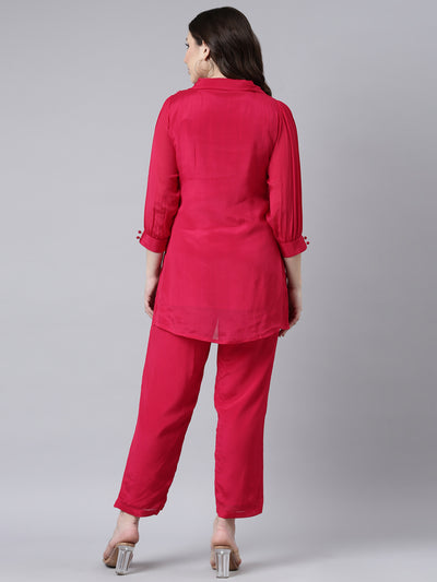 Neerus Pink Regular Straight Solid Top And Trousers