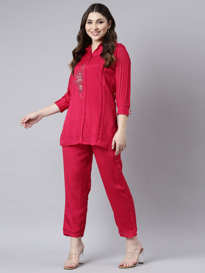 Neerus Pink Regular Straight Solid Top And Trousers