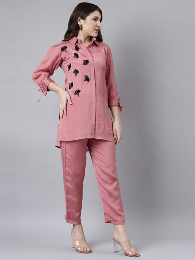 Neerus Pink Regular Straight Solid Top And Trousers