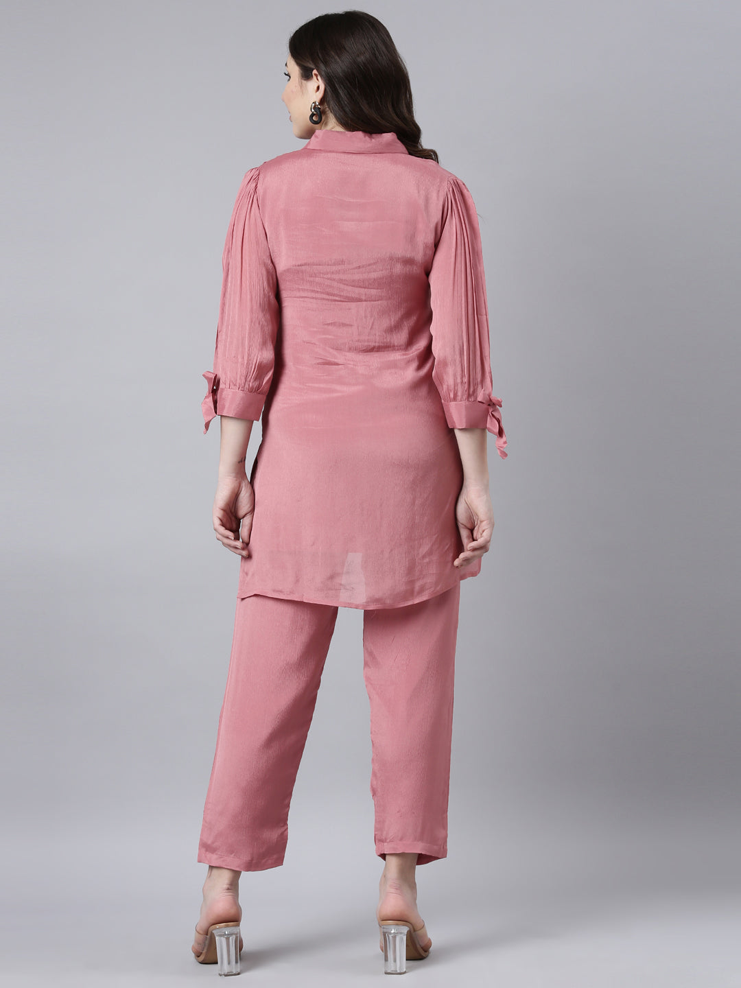 Neerus Pink Regular Straight Solid Top And Trousers