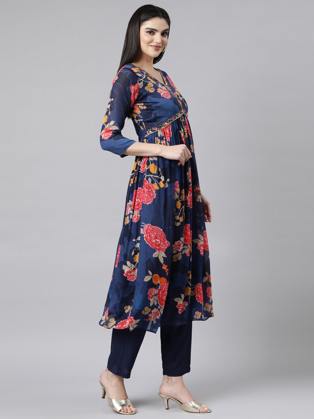 Neerus Navy Blue Pleated Straight Floral Kurta And Trousers With Dupatta