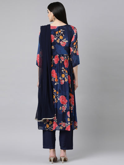 Neerus Navy Blue Pleated Straight Floral Kurta And Trousers With Dupatta