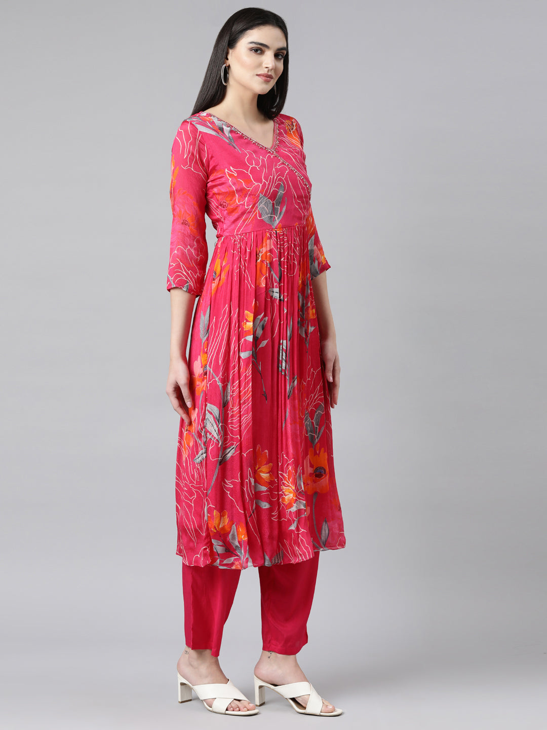 Neerus Pink Pleated Straight Floral Kurta And Trousers With Dupatta