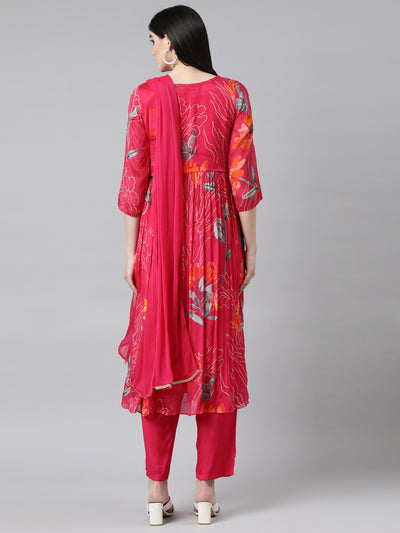 Neerus Pink Pleated Straight Floral Kurta And Trousers With Dupatta