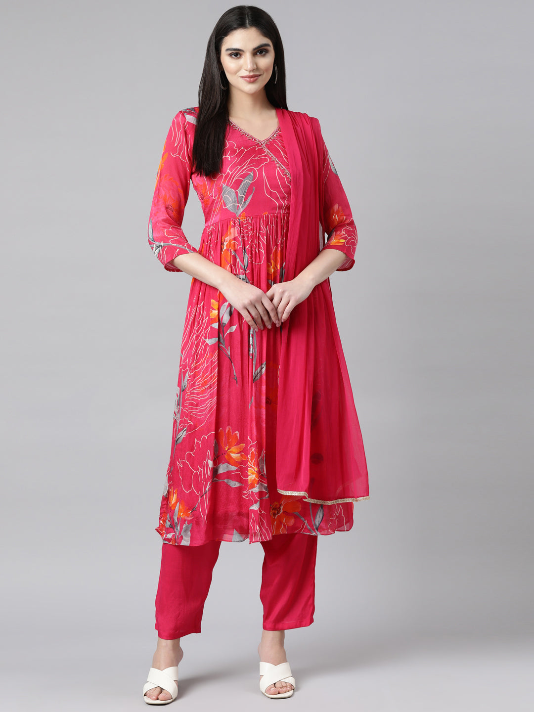 Neerus Pink Pleated Straight Floral Kurta And Trousers With Dupatta