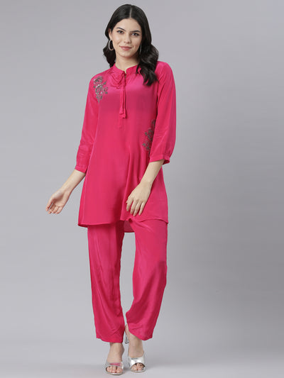 Neeru's Pink Regular Straight Solid Kurta And Trousers