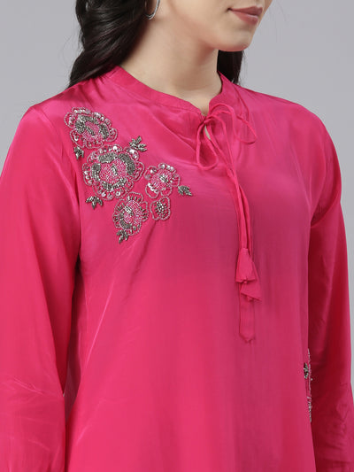 Neeru's Pink Regular Straight Solid Kurta And Trousers