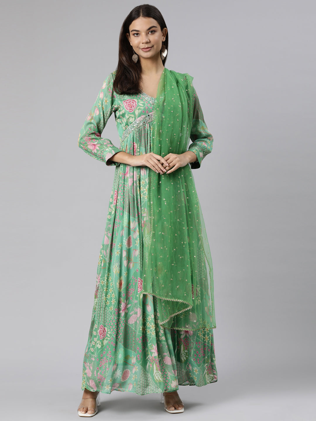 Neeru's Green Flared Casual Floral Dresses