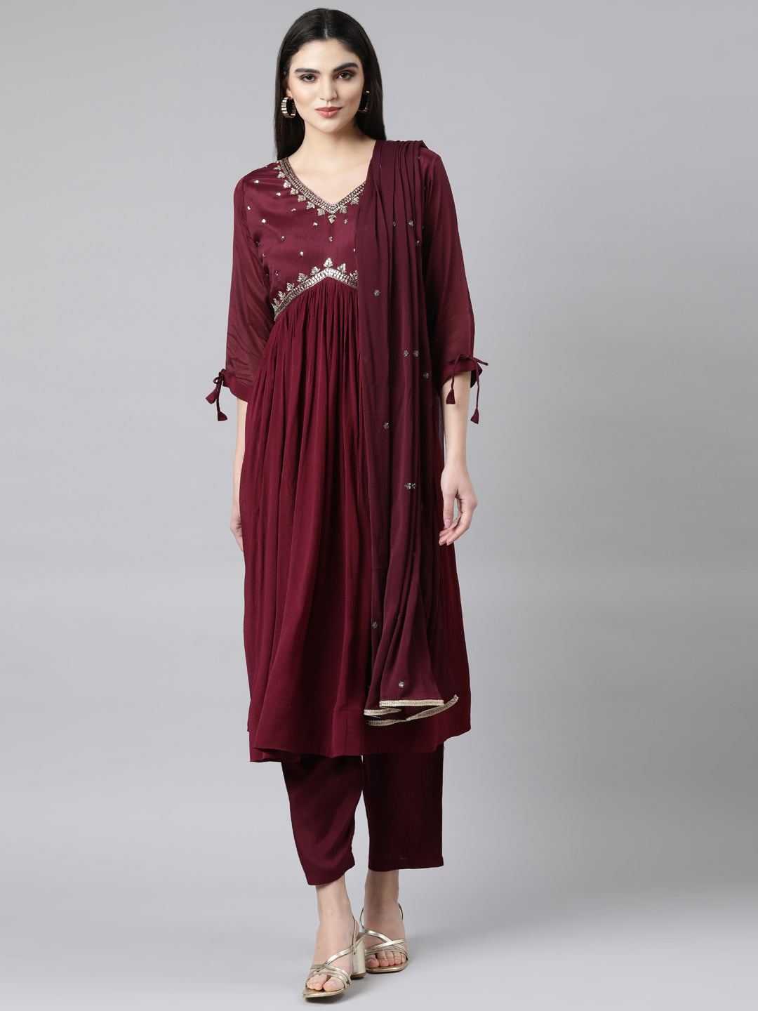 Neerus Purple Regular Straight Solid Kurta And Trousers With Dupatta