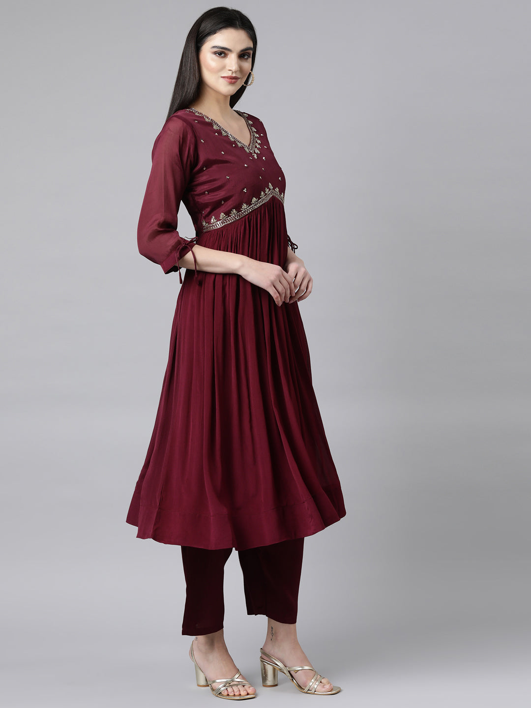 Neerus Purple Regular Straight Solid Kurta And Trousers With Dupatta