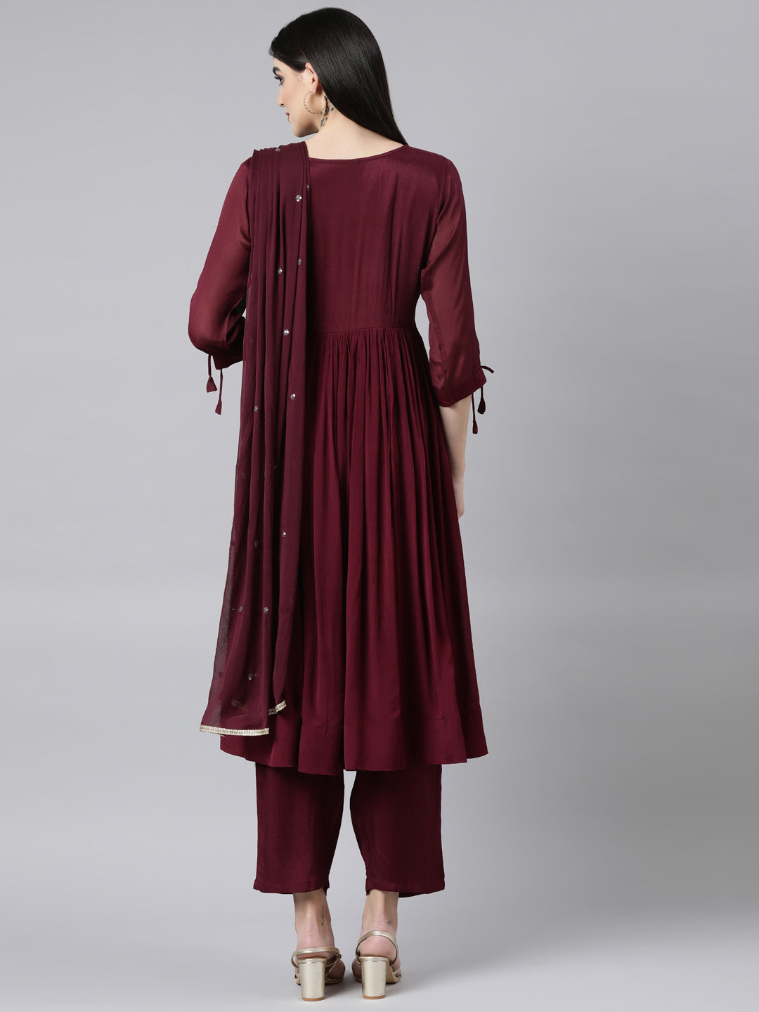 Neerus Purple Regular Straight Solid Kurta And Trousers With Dupatta