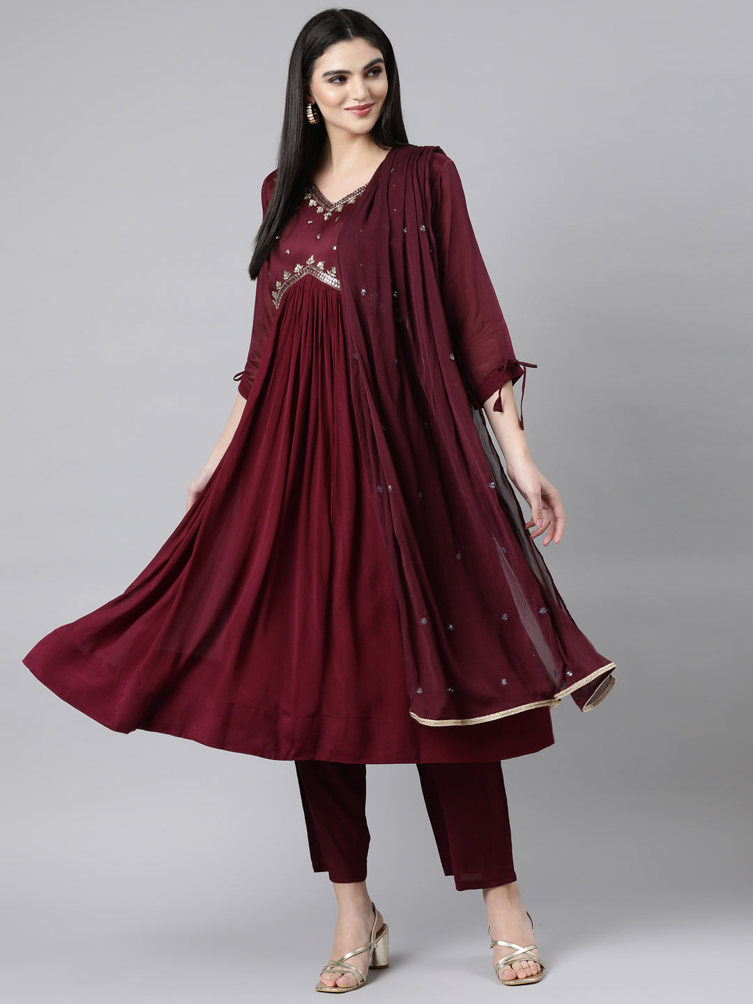 Neerus Purple Regular Straight Solid Kurta And Trousers With Dupatta