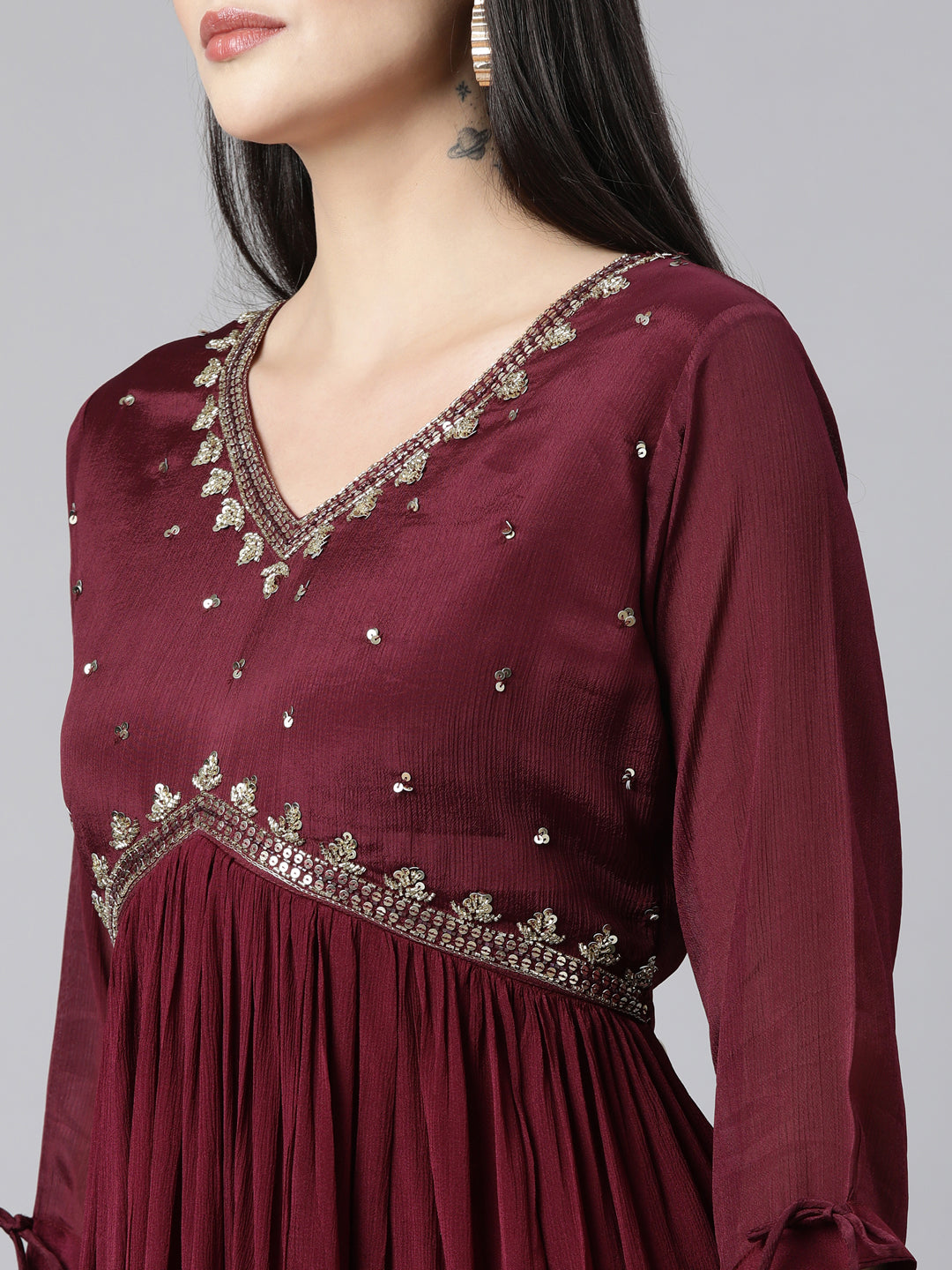 Neerus Purple Regular Straight Solid Kurta And Trousers With Dupatta