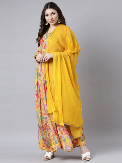 Neerus Mustard Flared Casual Floral Fit and Flare Dresses