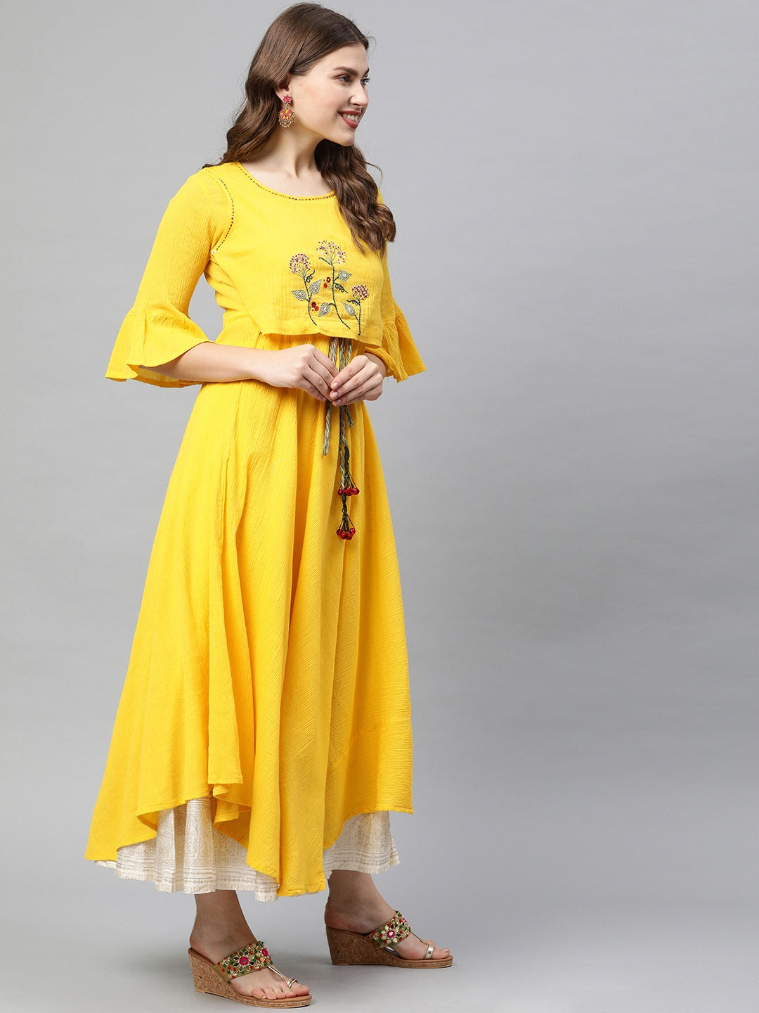 Neerus Women Yellow Embroidered A-Line Asymmetric Layered Kurta with Tie-Up