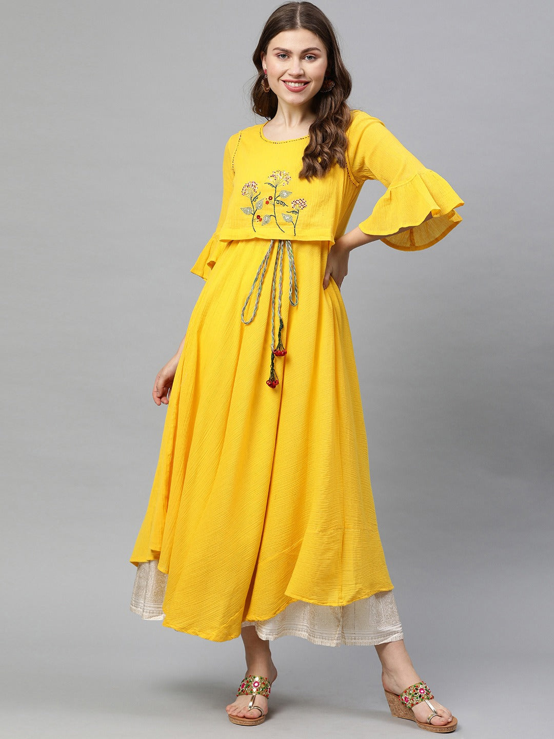 Neerus Women Yellow Embroidered A-Line Asymmetric Layered Kurta with Tie-Up